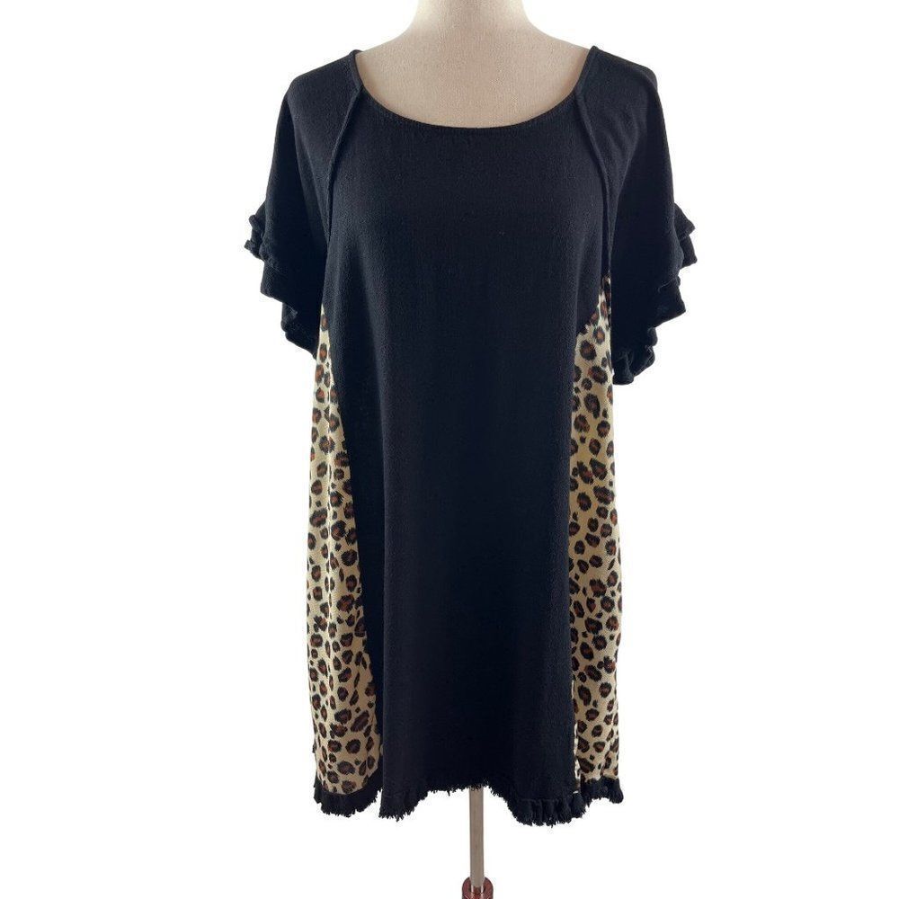 Umgee Cheetah Print Oversized Shift Dress Small Black Mixed Media Linen Blend